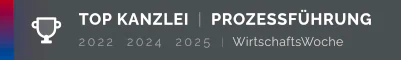 TOP Kanzlei - Prozessführung. WirtschaftsWoche 2022, 2024, 2025